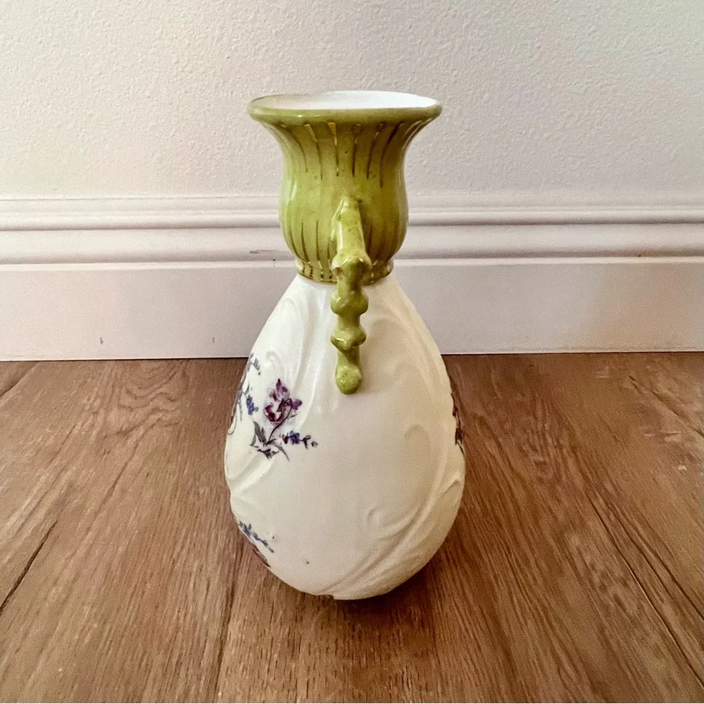 Antique c1910 RW Rudolstadt Germany Porcelain Bisque Floral‎ 2 Handle Vase Fixed